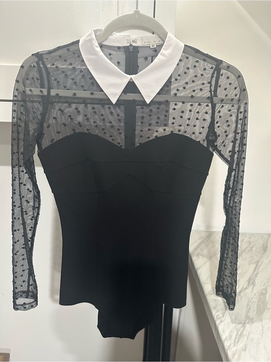 Fleur du Mal Tops - Fleur du Mal Black Sheer Polka Dot Bodysuit with White Collar